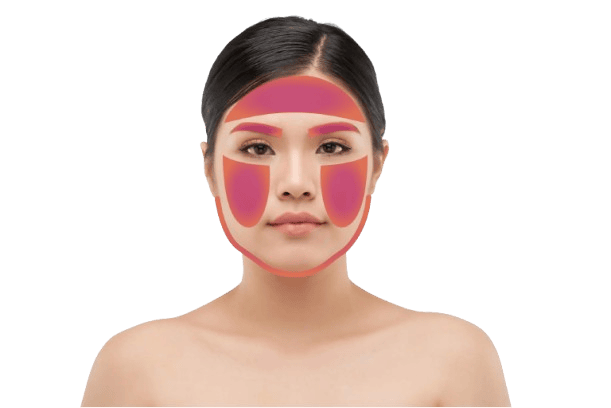 Woman with facial zones highlighted for skincare