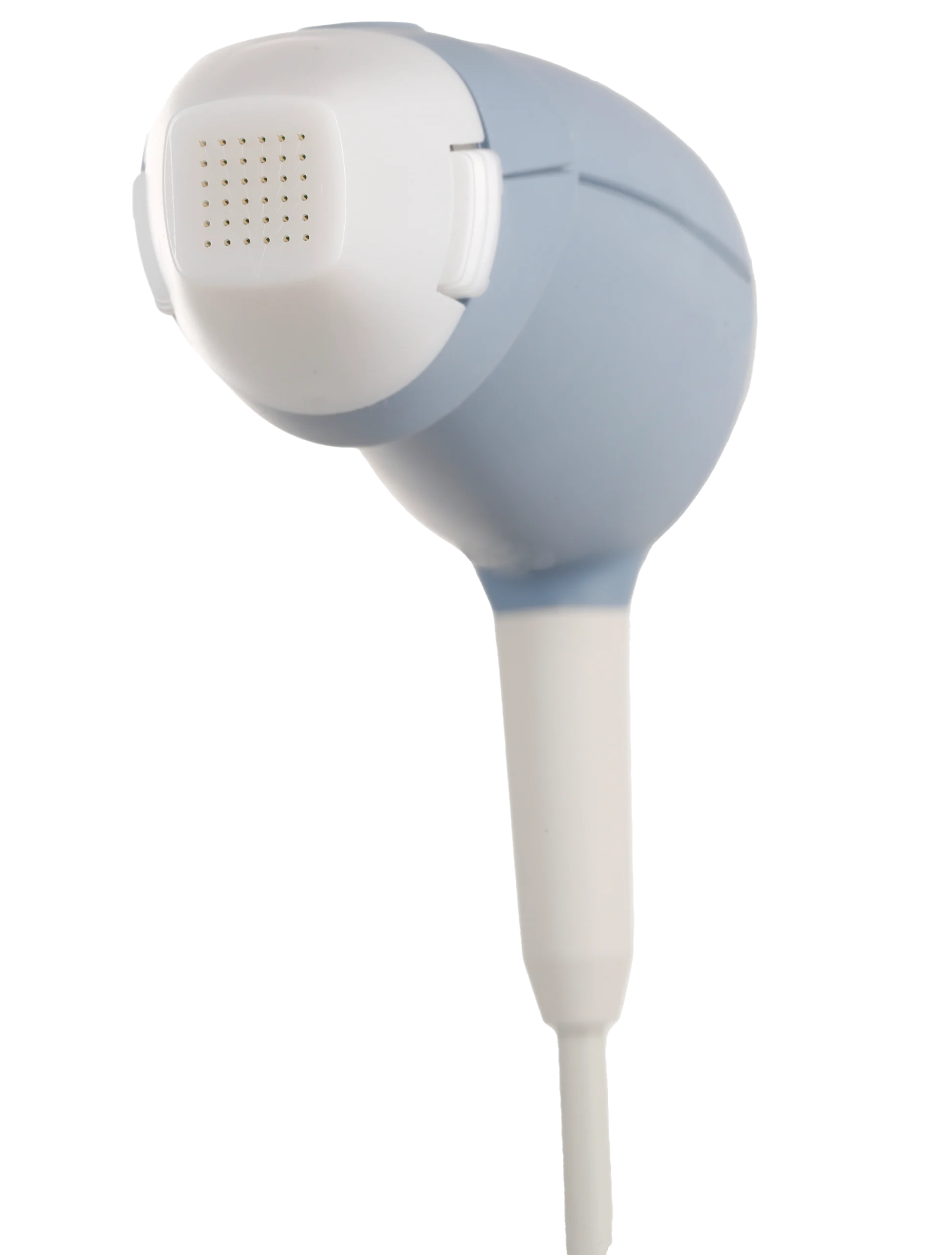 close-up white and blue wired earbud
