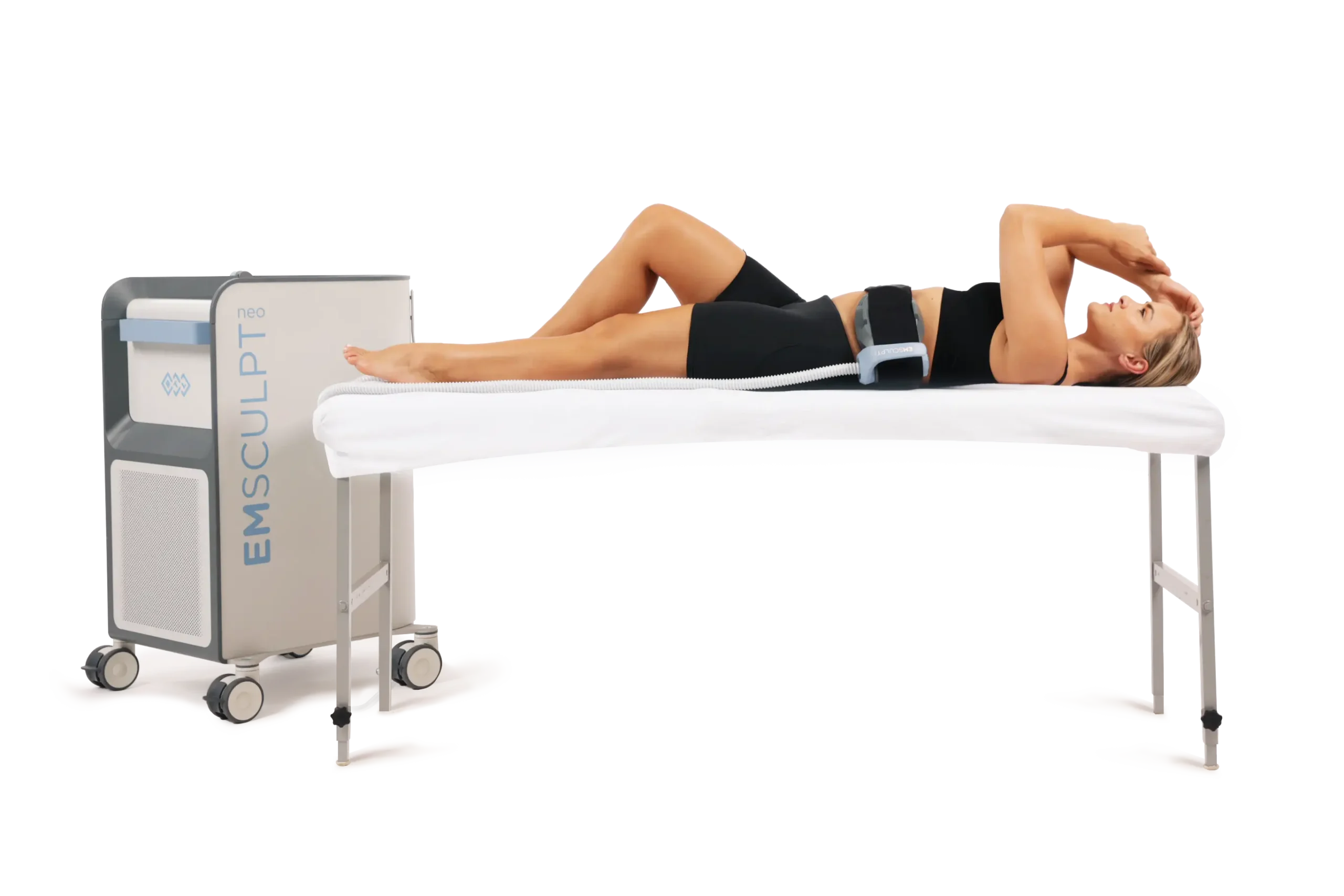 Woman receiving Emsculpt body contouring treatment