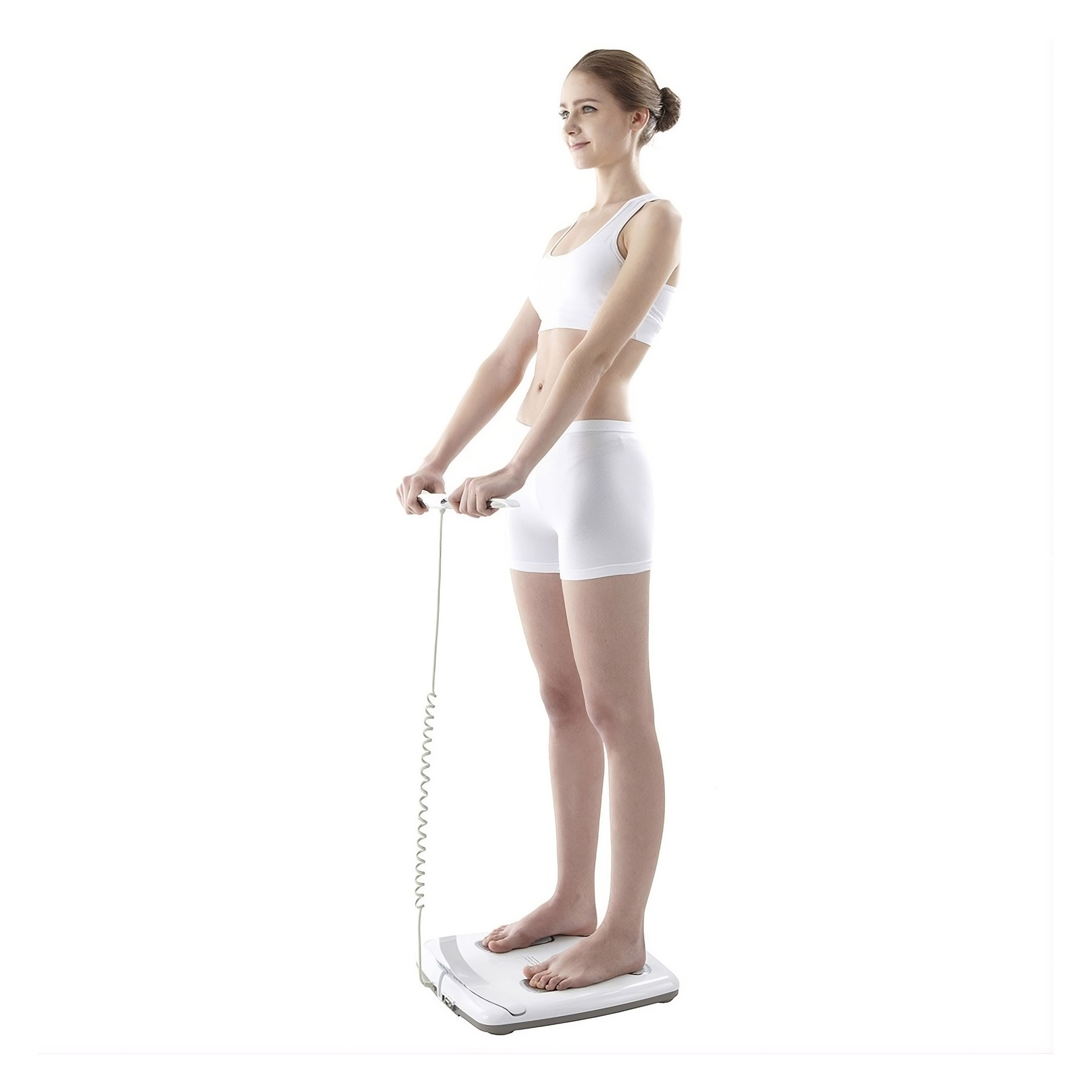 Woman using digital body composition scale