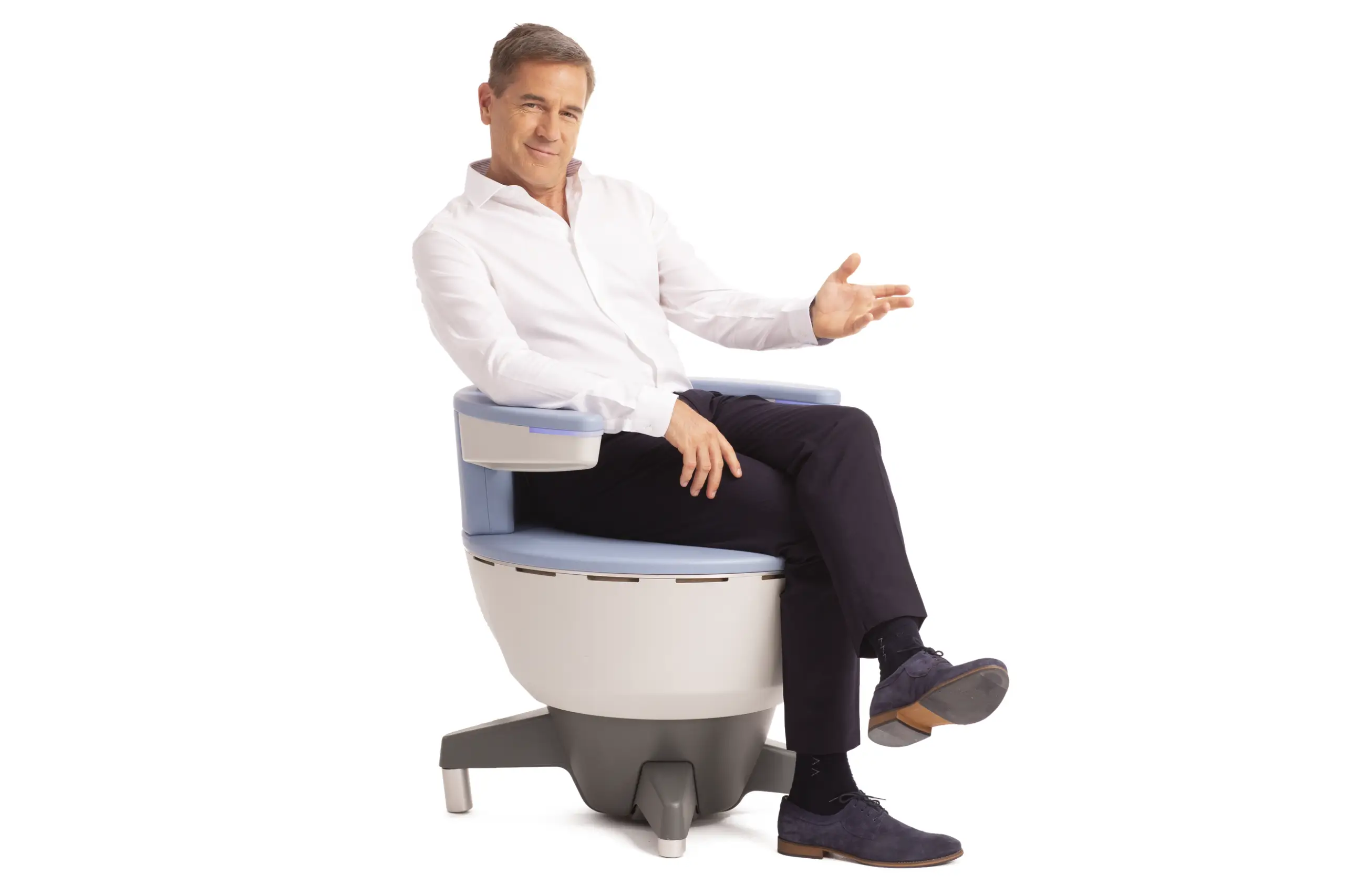 Man seated on modern mobility seat device